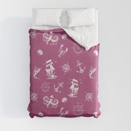 Magenta And White Silhouettes Of Vintage Nautical Pattern Duvet Cover