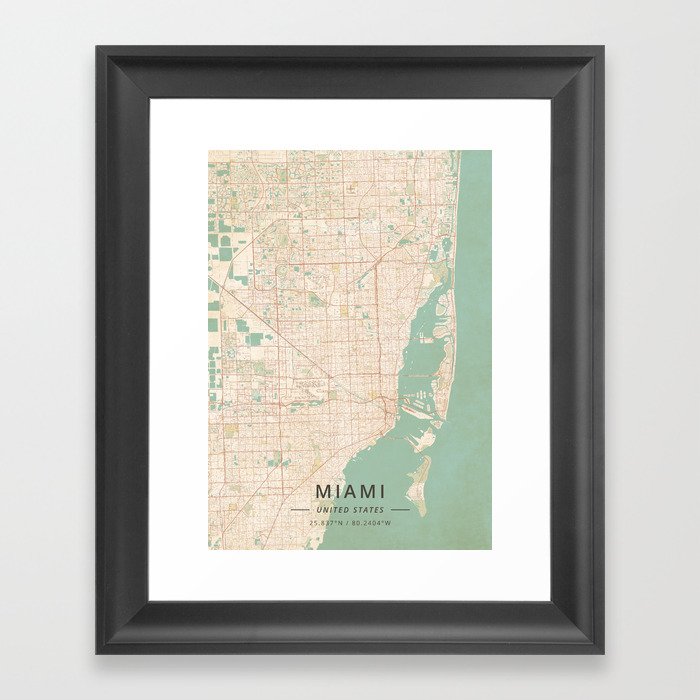 Miami, United States - Vintage Map Framed Art Print