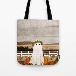 There's a Ghost in the Pumpkins Patch Again... Tote Bag | Halloween, Harvest, Landscape, Ghost, Painting, Fall, Digital, Curated, Folkart, Haunted 