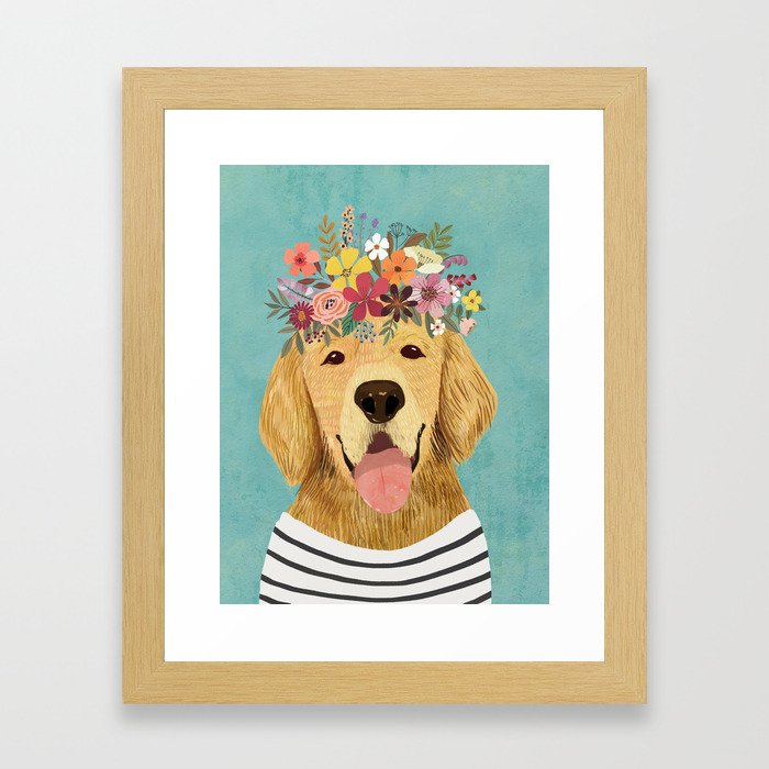 Golden Retriever Dog with Floral Crown Art Print – Funny Decoration Gift – Cute Room Decor – Poster Framed Art Print