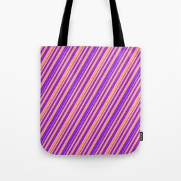 [ Thumbnail: Purple & Light Salmon Colored Striped/Lined Pattern Tote Bag ]