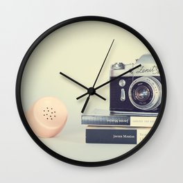 Film Camera and Pink Telephone (Retro and Vintage Still Life Photography) Wall Clock | Pop Surrealism, Abstract, Photo, Painting 