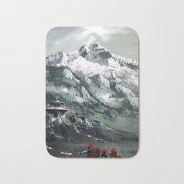 Panoramic View Of Mountain Everest Bath Mat | Himalayan, Illustration, Nepal, Sagarmatha, Mounteverest, Yak, Painting, Mounteverestanimals, Pattern, Acrylic 