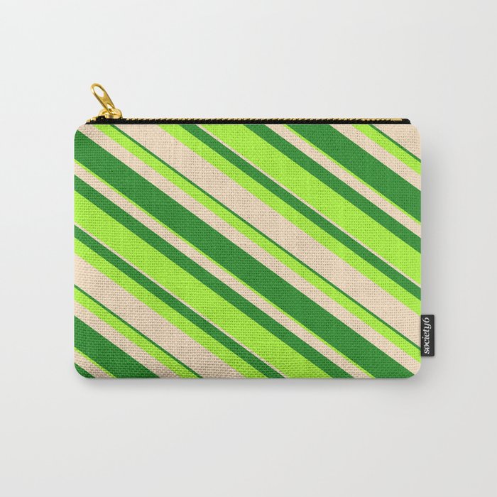 Forest Green, Light Green, and Bisque Colored Striped/Lined Pattern Carry-All Pouch