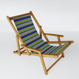[ Thumbnail: Midnight Blue, Grey & Green Colored Lines/Stripes Pattern Sling Chair ]