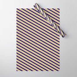 [ Thumbnail: Vibrant Goldenrod, Light Grey, Indigo, Black, and Mint Cream Colored Striped/Lined Pattern Wrapping Paper ]