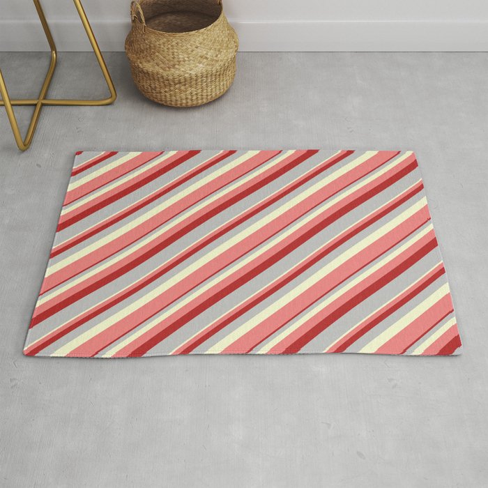 Light Yellow, Light Coral, Red, and Grey Colored Lines/Stripes Pattern Rug
