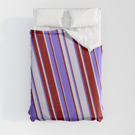 [ Thumbnail: Medium Slate Blue, Lavender & Dark Red Colored Stripes/Lines Pattern Duvet Cover ]