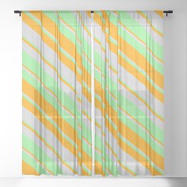 [ Thumbnail: Light Green, Orange & Light Grey Colored Lined/Striped Pattern Sheer Curtain ]