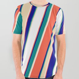 [ Thumbnail: Red, Dark Blue, Dark Cyan, Tan & White Colored Lined/Striped Pattern All Over Graphic Tee ]