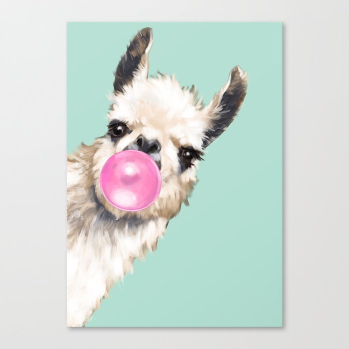 Bubble Gum Sneaky Llama in Green Canvas Print