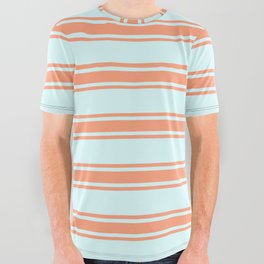 [ Thumbnail: Light Cyan and Light Salmon Colored Stripes/Lines Pattern All Over Graphic Tee ]