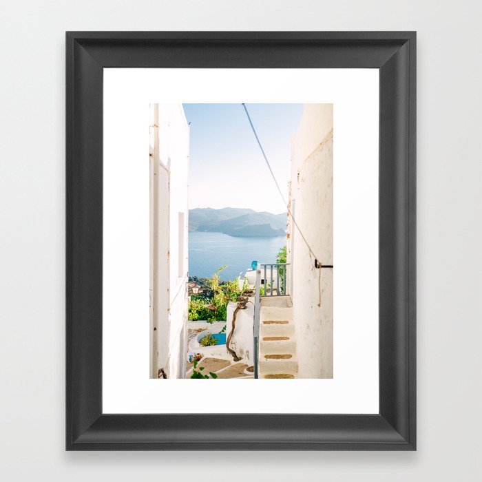 Milos 0016: Sea view in Plaka, Milos, Greece - Greek island - Pastel travel photography art print Framed Art Print