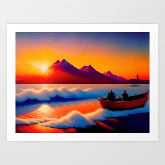 Aleutian Islands, Alaska, magnificent arctic winter sunrise; red alpine coastal sunrise with boats seascape nautical landscape painting Art Print