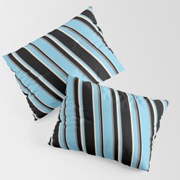 [ Thumbnail: Sky Blue, Beige, Black, and Grey Colored Stripes Pattern Pillow Sham ]