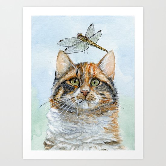 Dragonfly and calico kitty Art Print