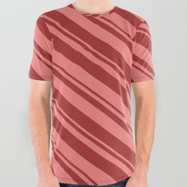 [ Thumbnail: Light Coral & Brown Colored Lined/Striped Pattern All Over Graphic Tee ]
