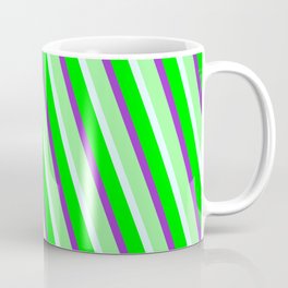 [ Thumbnail: Dark Orchid, Green, Light Cyan & Lime Colored Lined Pattern Coffee Mug ]