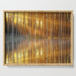 Mirrored lake reflection of morning aspen trees in the morning fog and sunshine nature landscape magical realism photograph / photography Serving Tray