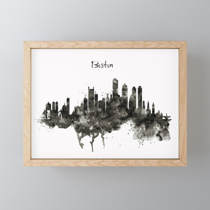 Boston Skyline Black and White Framed Mini Art Print