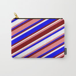 [ Thumbnail: Light Coral, Blue, Maroon, and White Colored Stripes Pattern Carry-All Pouch ]