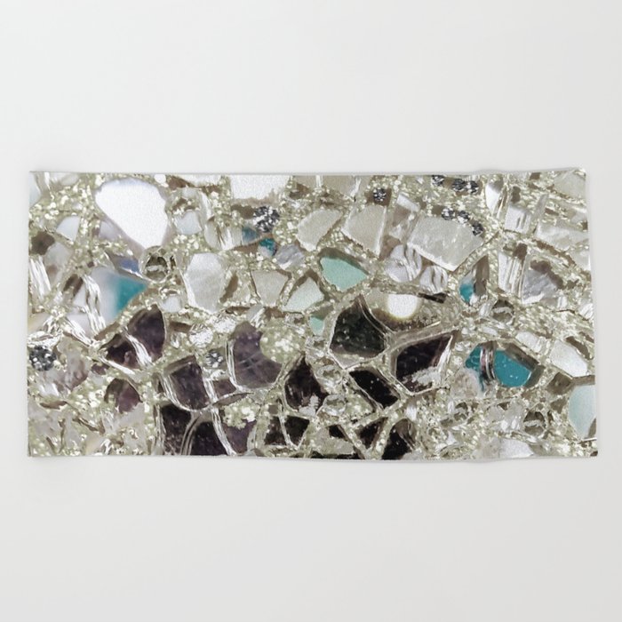 An Explosion of Sparkly Silver Glitter, Glass and Mirror Beach Towel