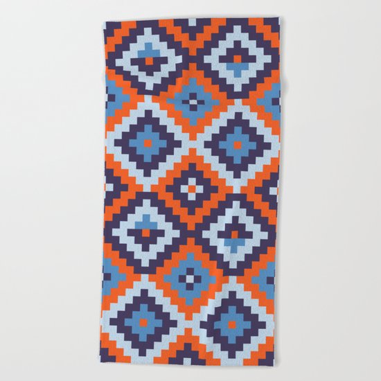 Aztec pattern - orange, blue Beach Towel