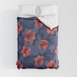 Scarlet hibiscus flowers on a blue background Comforter