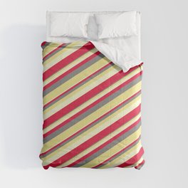 [ Thumbnail: Gray, Tan, Light Yellow & Crimson Colored Lines Pattern Comforter ]