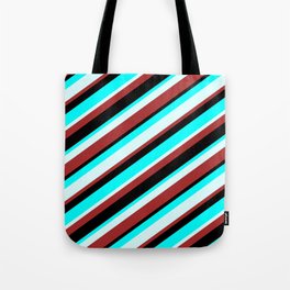 [ Thumbnail: Aqua, Light Cyan, Brown & Black Colored Lined Pattern Tote Bag ]