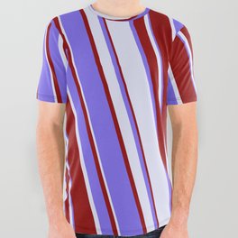 [ Thumbnail: Medium Slate Blue, Lavender & Dark Red Colored Stripes/Lines Pattern All Over Graphic Tee ]