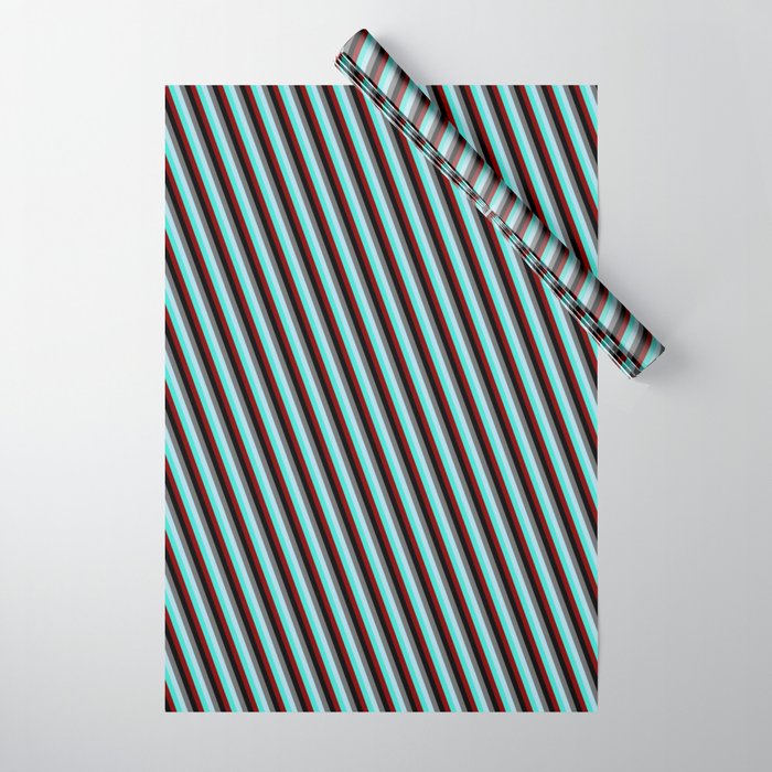 Dim Grey, Light Blue, Turquoise, Maroon, and Black Colored Lined/Striped Pattern Wrapping Paper