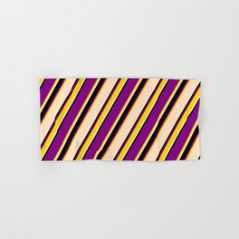 [ Thumbnail: Purple, Yellow, Bisque, and Black Colored Pattern of Stripes Hand & Bath Towel ]