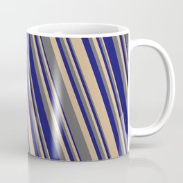 [ Thumbnail: Tan, Dim Gray, and Midnight Blue Colored Lined Pattern Coffee Mug ]