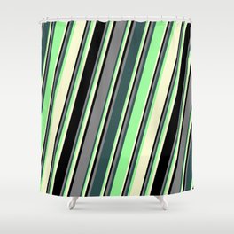 [ Thumbnail: Colorful Grey, Dark Slate Gray, Green, Light Yellow, and Black Colored Striped Pattern Shower Curtain ]