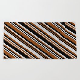 [ Thumbnail: Light Grey, Brown, and Black Colored Lines/Stripes Pattern Beach Towel ]