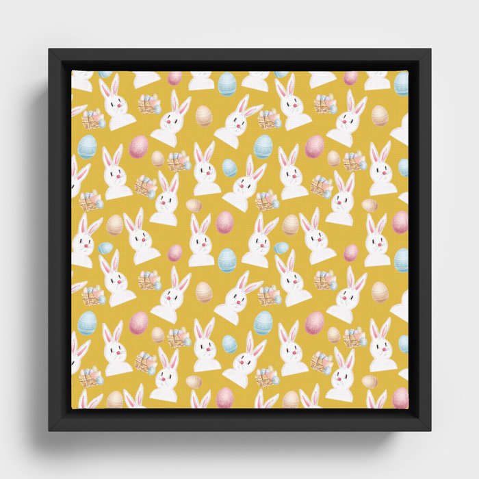 Easter Bunny And Eggs Pattern- Mustard Yellow Framed Canvas