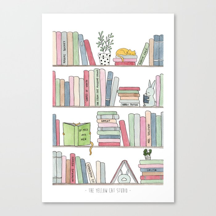 Bookshelf with cats - Watercolor illustration Canvas Print