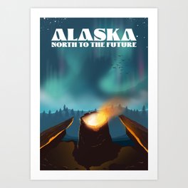 Alaska North to the future travel poster. Art Print | Alaskausa, Lovealaska, Cartoonalaska, Firepit, Fire, Graphicdesign, Nightsky, Alaska, Vacation, Northtothefuture 