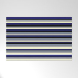 [ Thumbnail: Colorful Slate Gray, Dark Gray, Light Yellow, Midnight Blue, and Black Colored Lined/Striped Pattern Welcome Mat ]