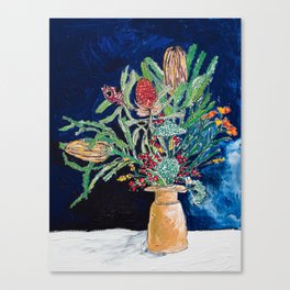 Yellow and Red Australian Wildflower Bouquet in Pottery Vase on Navy, Original Still Life Painting Canvas Print