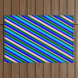 [ Thumbnail: Dark Green, Deep Sky Blue, Blue & Pink Colored Stripes/Lines Pattern Outdoor Rug ]