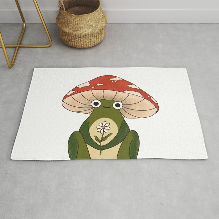 Cute Frog With a Mushroom Hat and a White Daisy Flower Cottage Rug