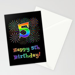 [ Thumbnail: 5th Birthday - Fun Rainbow Spectrum Gradient Pattern Text, Bursting Fireworks Inspired Background Stationery Cards ]