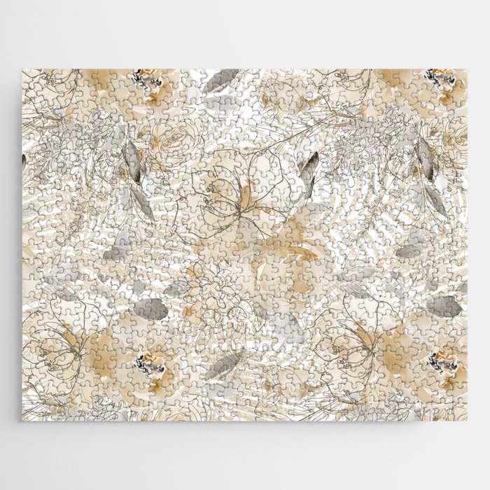 Ivory gold floral sketch palm tree glitter foliage Jigsaw Puzzle