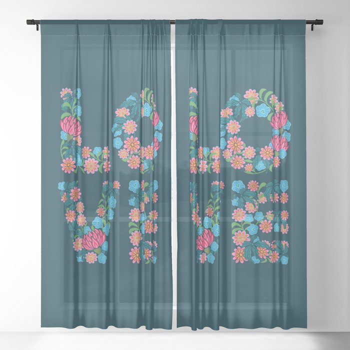 FLOWERED LOVE Floral Uplifting Lettering Sheer Curtain