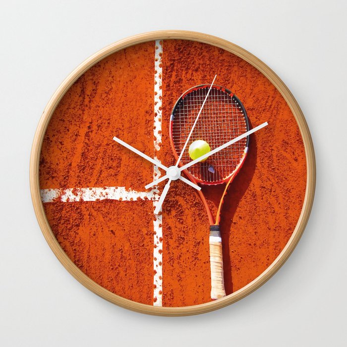 Tennis racket with ball on tennis court Wall Clock
