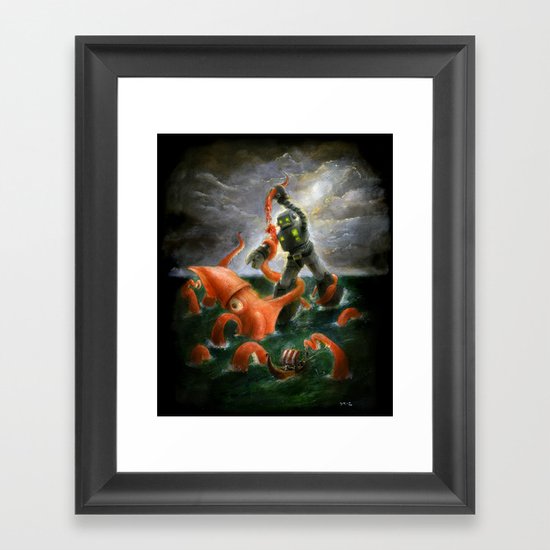 Sea Battle Masterpiece Robot vs Squid Framed Art Print