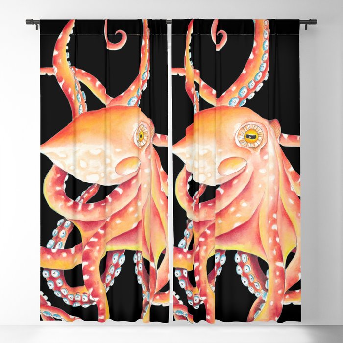 Red Orange Octopus Watercolor On Black Blackout Curtain