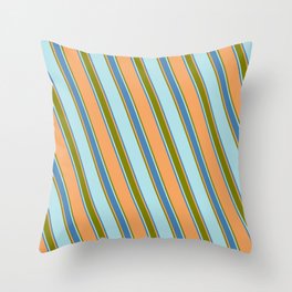[ Thumbnail: Brown, Green, Powder Blue & Blue Colored Stripes Pattern Throw Pillow ]